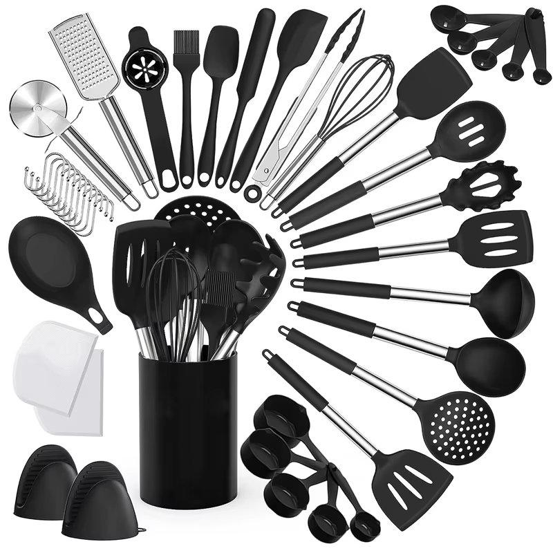 Ensemble d'ustensiles de cuisine en silicone, ensemble de spatules avec poignée en acier inoxydable,