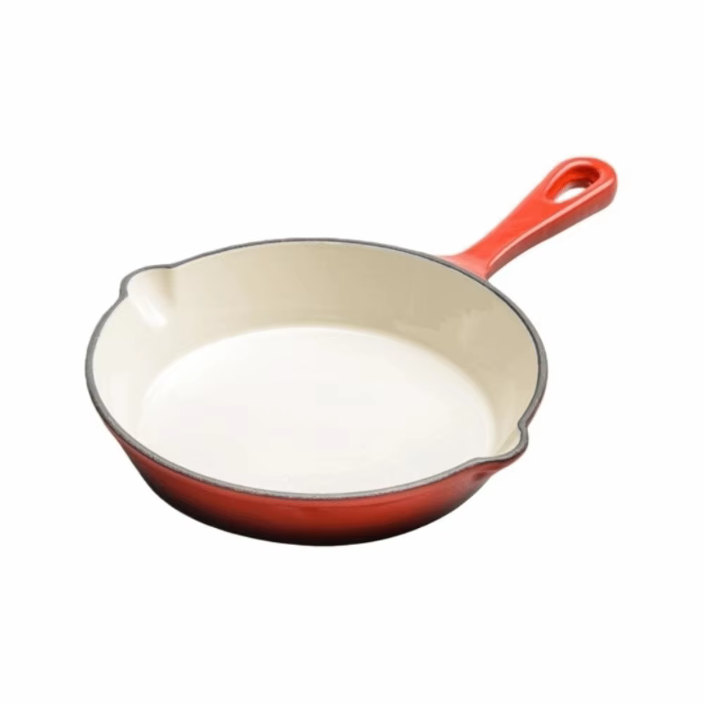 Poêle à frire universelle en fonte émaillée antiadhésive à fond plat, ronde, rouge, pour omelettes,