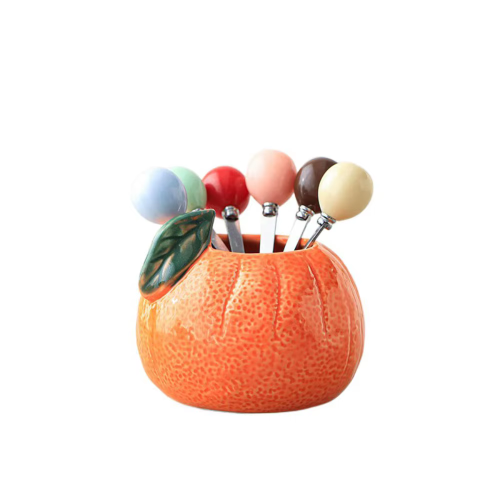 Ensemble de fourchettes à fruits en céramique orange, style créatif Ins, fourchettes à dessert avec 