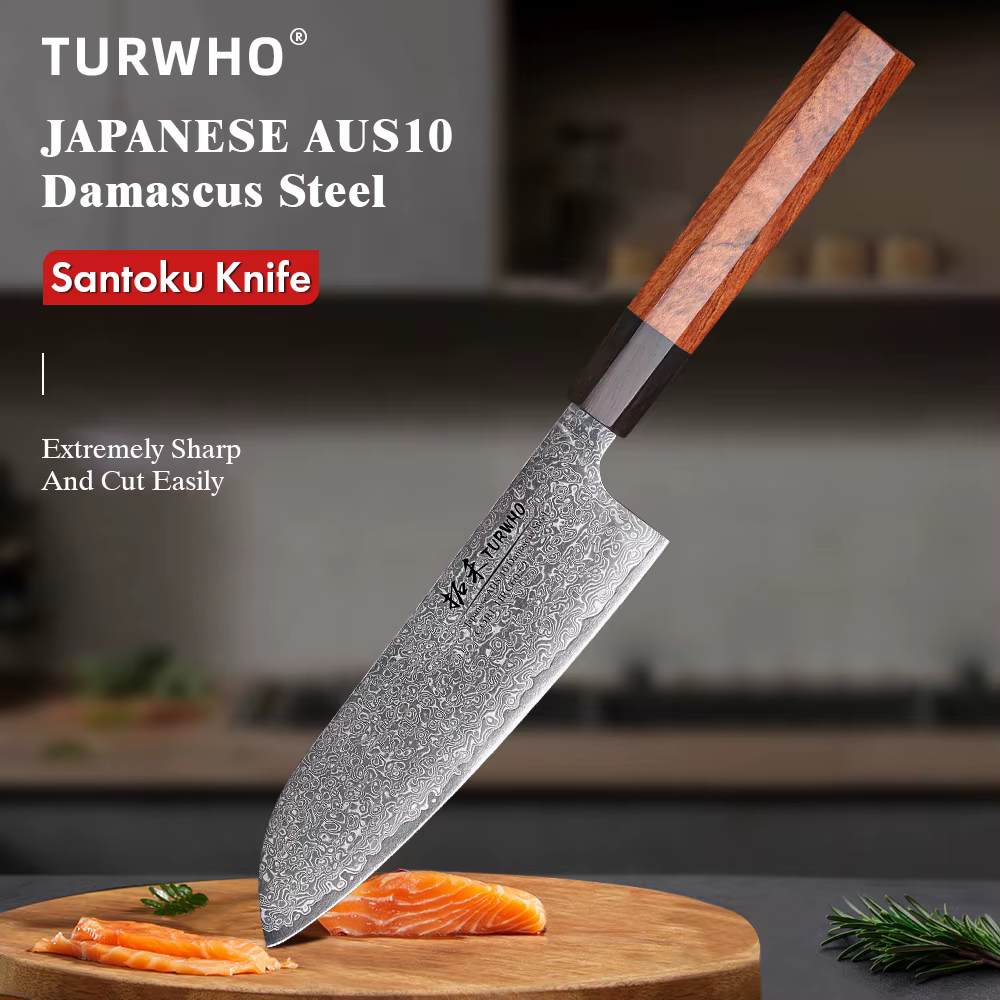 TURWHO – couteau Santoku de 7 pouces, couteaux de Chef de cuisine en acier damas, lame tranchante fa
