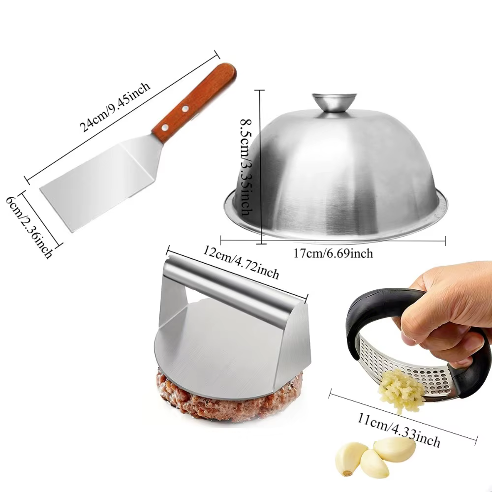 4 pièces d'accessoires de cuisine, presse à hamburgers, spatule à gâteau, couvercle et presse-ail, o