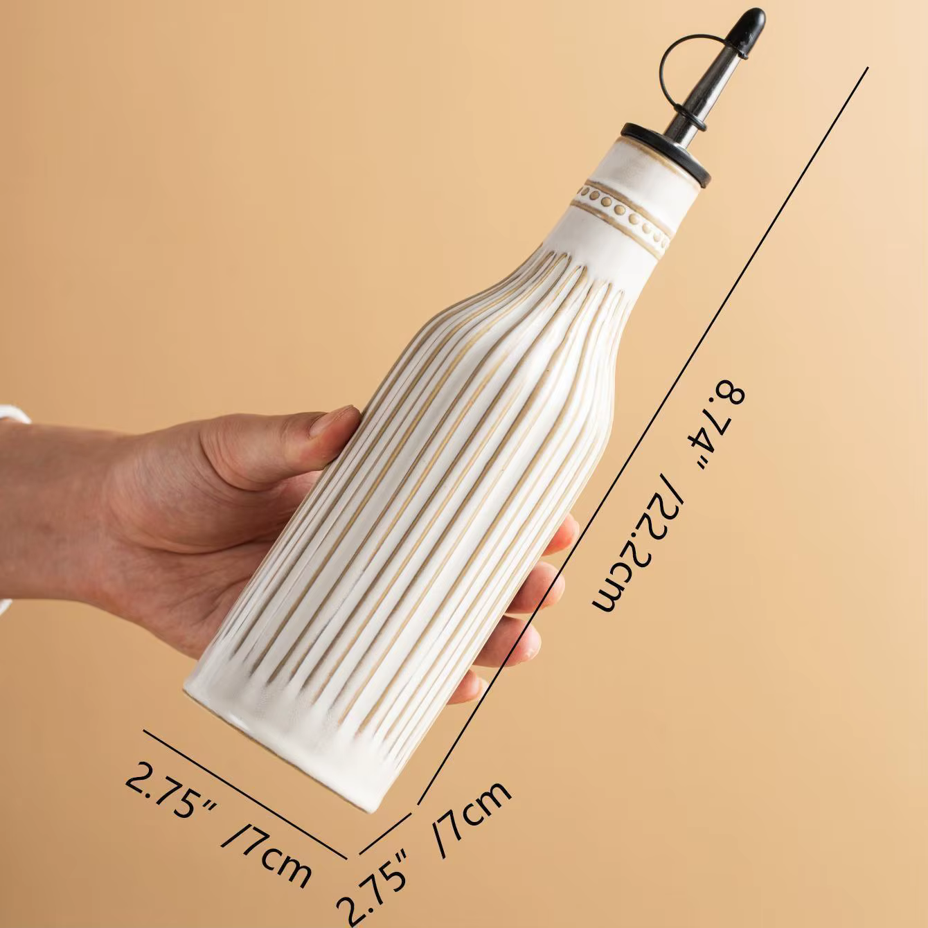Bouteille d'huile et de vinaigre en céramique blanche à rayures simples et élégantes, style japonais