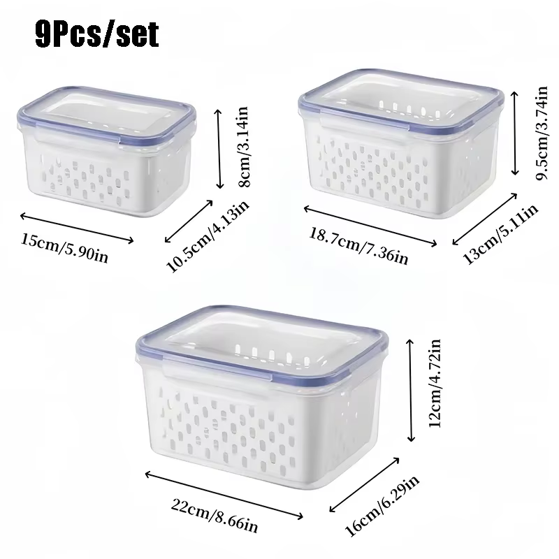Lot de 9 récipients de rangement pour fruits pour réfrigérateur, réfrigérateur avec passoire amovibl