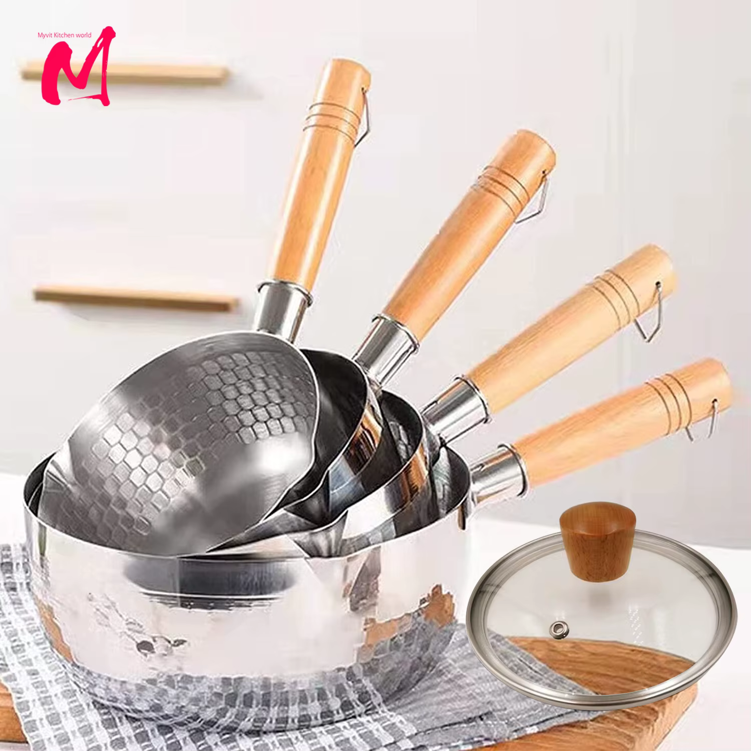 Casserole en acier inoxydable avec couvercle, manche en bois massif avec crochet, poêle à Sauce poly