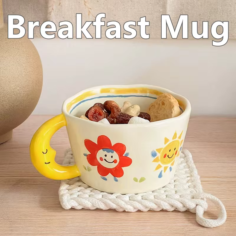 Tasse en céramique belle peinte à la main avec poignée de lune tasse de petit déjeuner créative verr