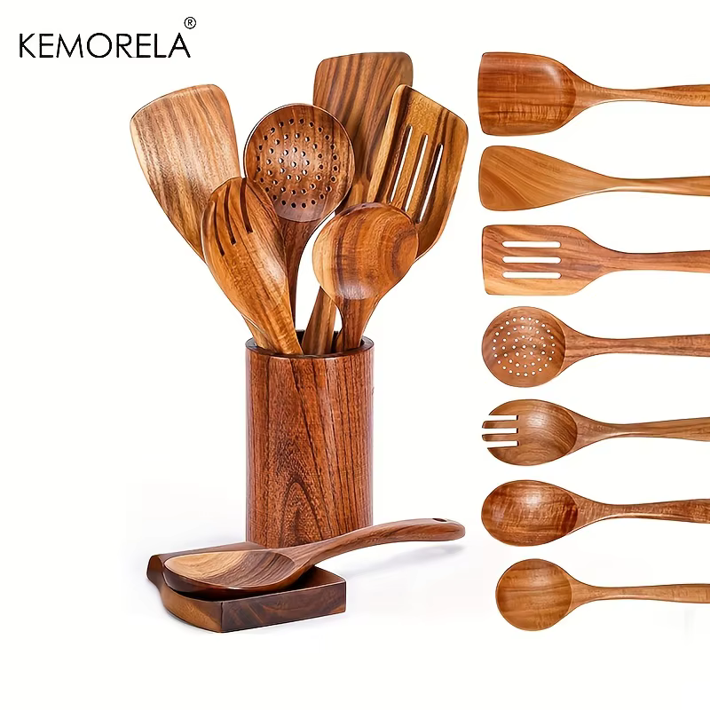 Cuillères en bois pour la cuisine, ustensiles en bois pour la cuisine avec porte-ustensiles, ensembl