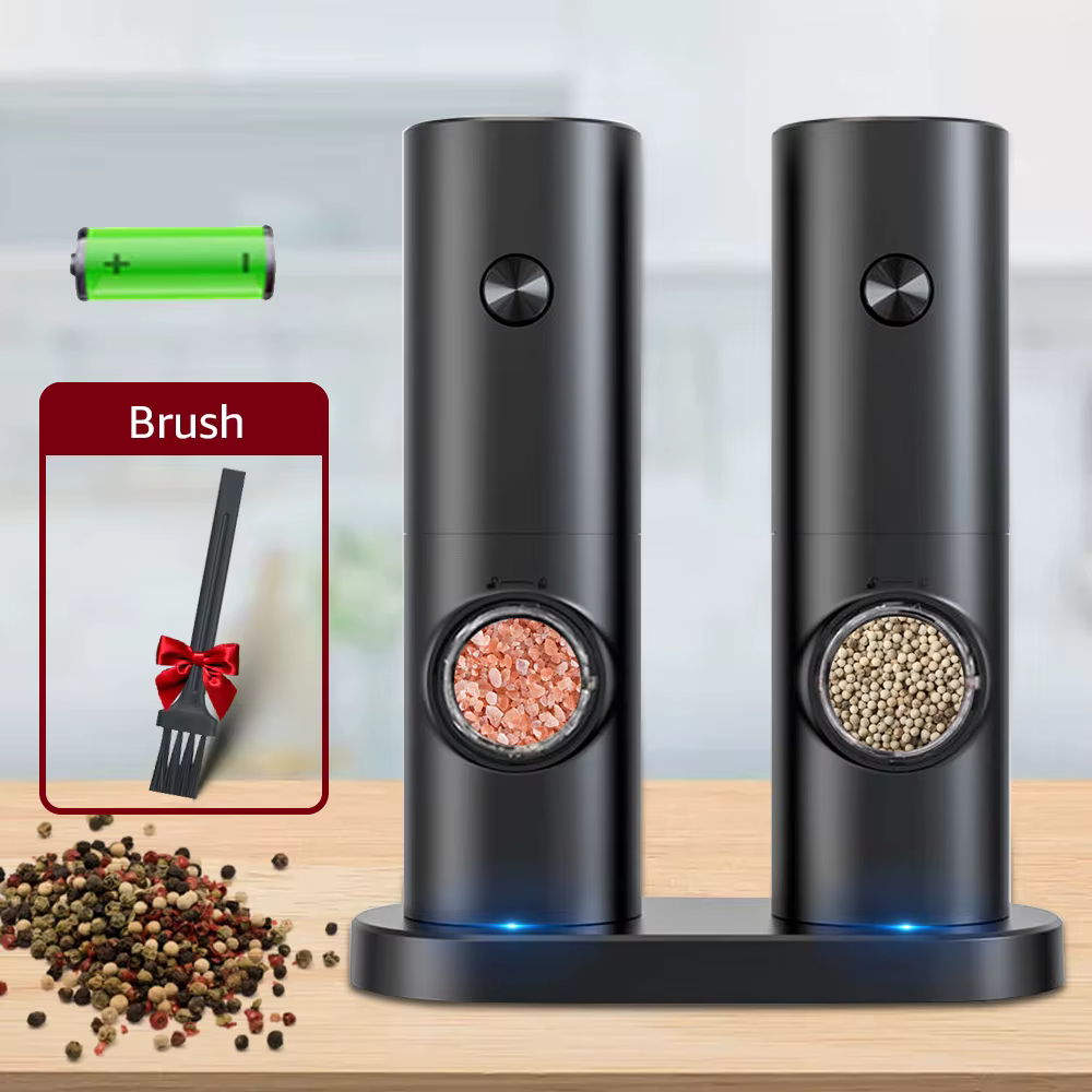 Moulin électrique automatique à poivre et à sel, avec Base, alimenté par batterie, avec lumière LED,