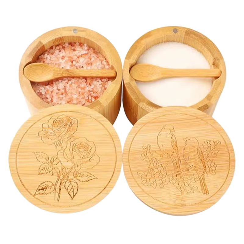 BSEVB-Salt Cellar, 2 récipients à sel en bambou, boîte à sel et à poivre pour comptoir avec cuillère