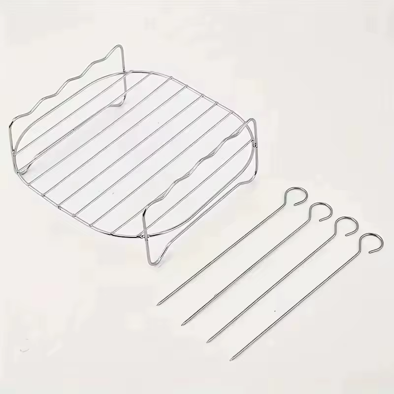 Gril carré pour friteuse à air 20cm/7,87 pouces, en acier inoxydable, avec 4 brochettes de barbecue,