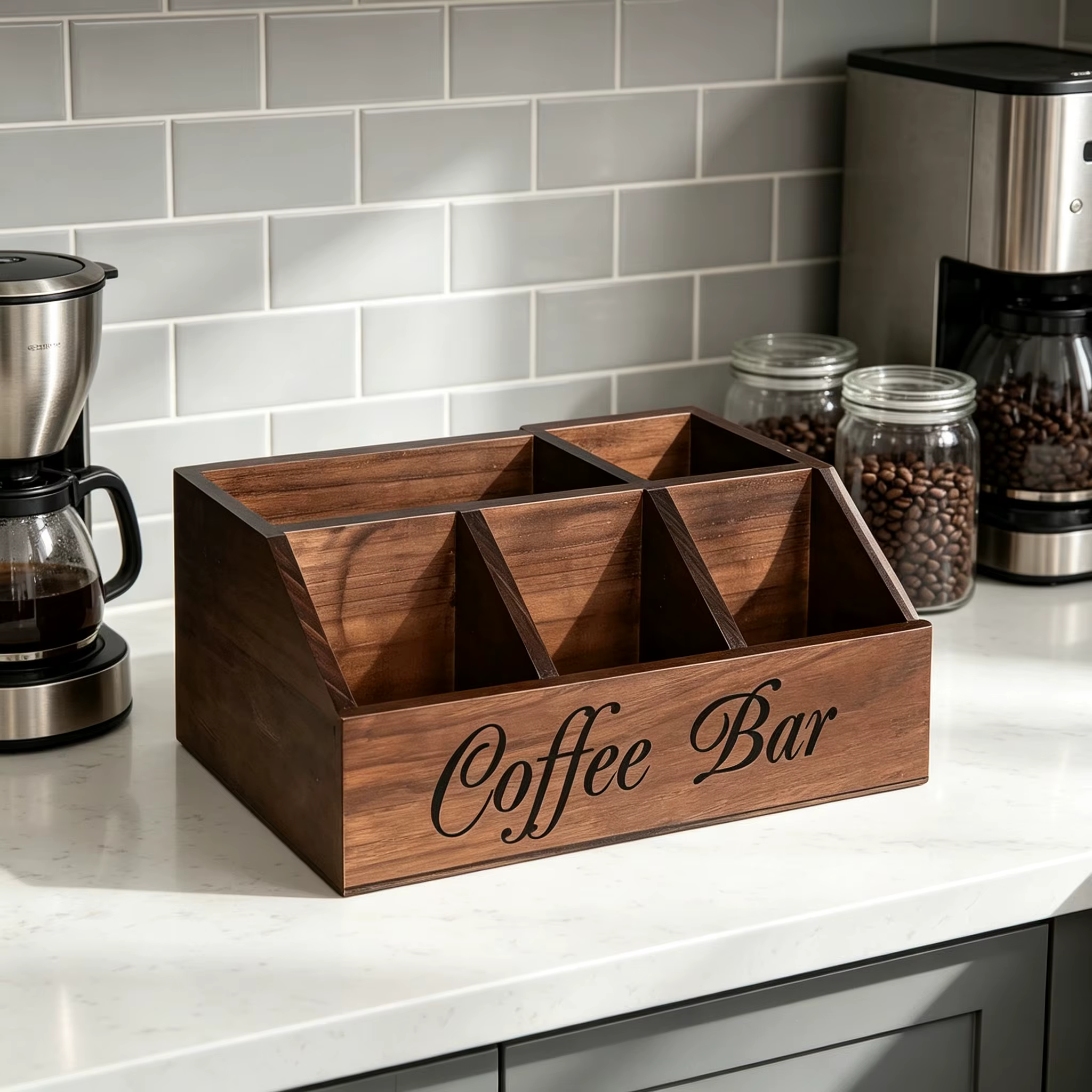 Boîte de rangement en bois, organisateur de bar à café, organisateur de comptoir multi-compartiments