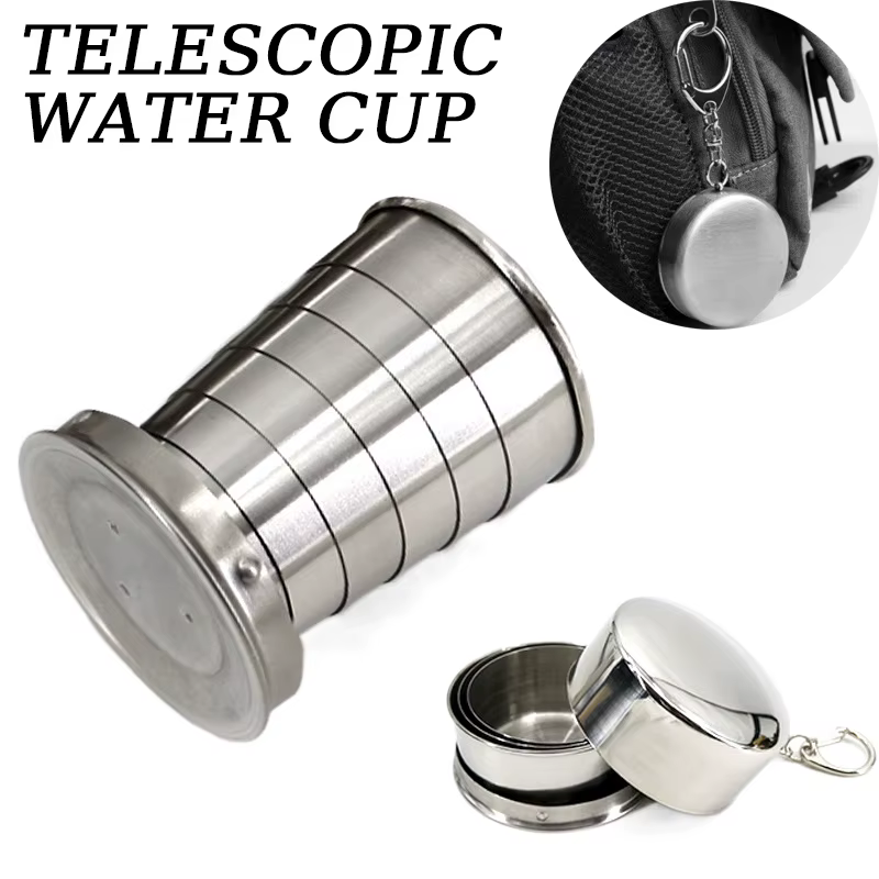 Tasse télescopique pliante portative d'acier inoxydable pour l'ustensiles de camp de thé vaisselle t