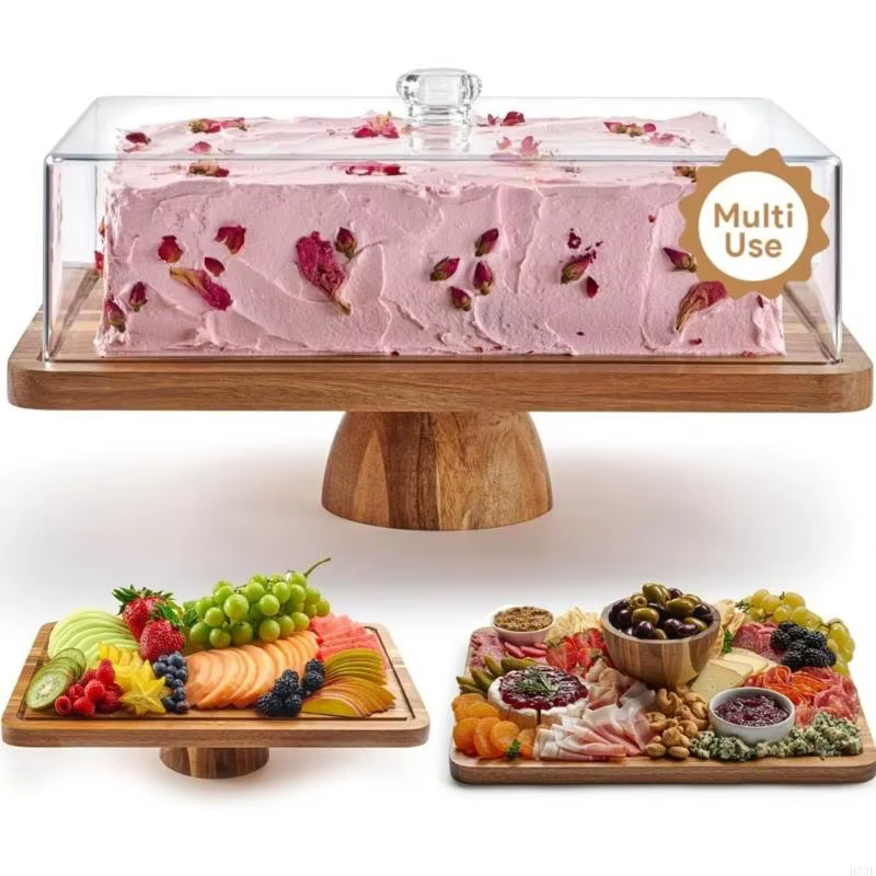 Support à gâteaux planche à charcuterie en bois d'acacias, avec couvercle en acrylique incassable, p