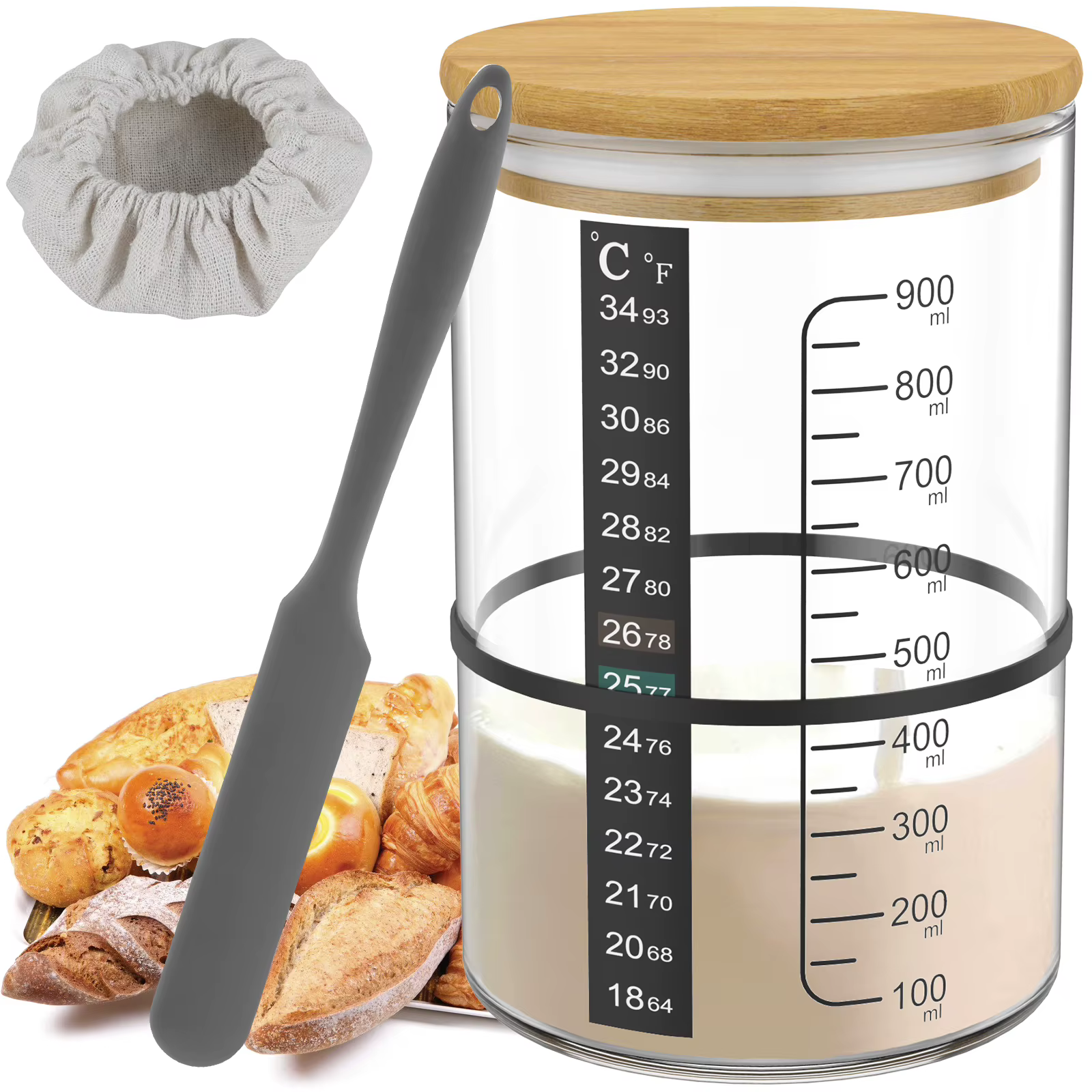 Kit de démarrage de levain 900 ml en verre transparent résistant à la chaleur – Pot de fermentation pour la cuisson et le stockage alimentaire