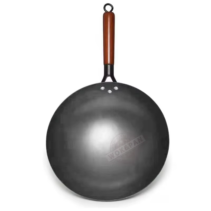 Wok en fer 32/34/36cm, Wok traditionnel sans revêtement forgé à la main avec manche en bois détachable