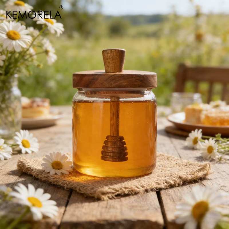 1/2 Bouteilles en verre pour le stockage du miel avec cuillère et couvercle