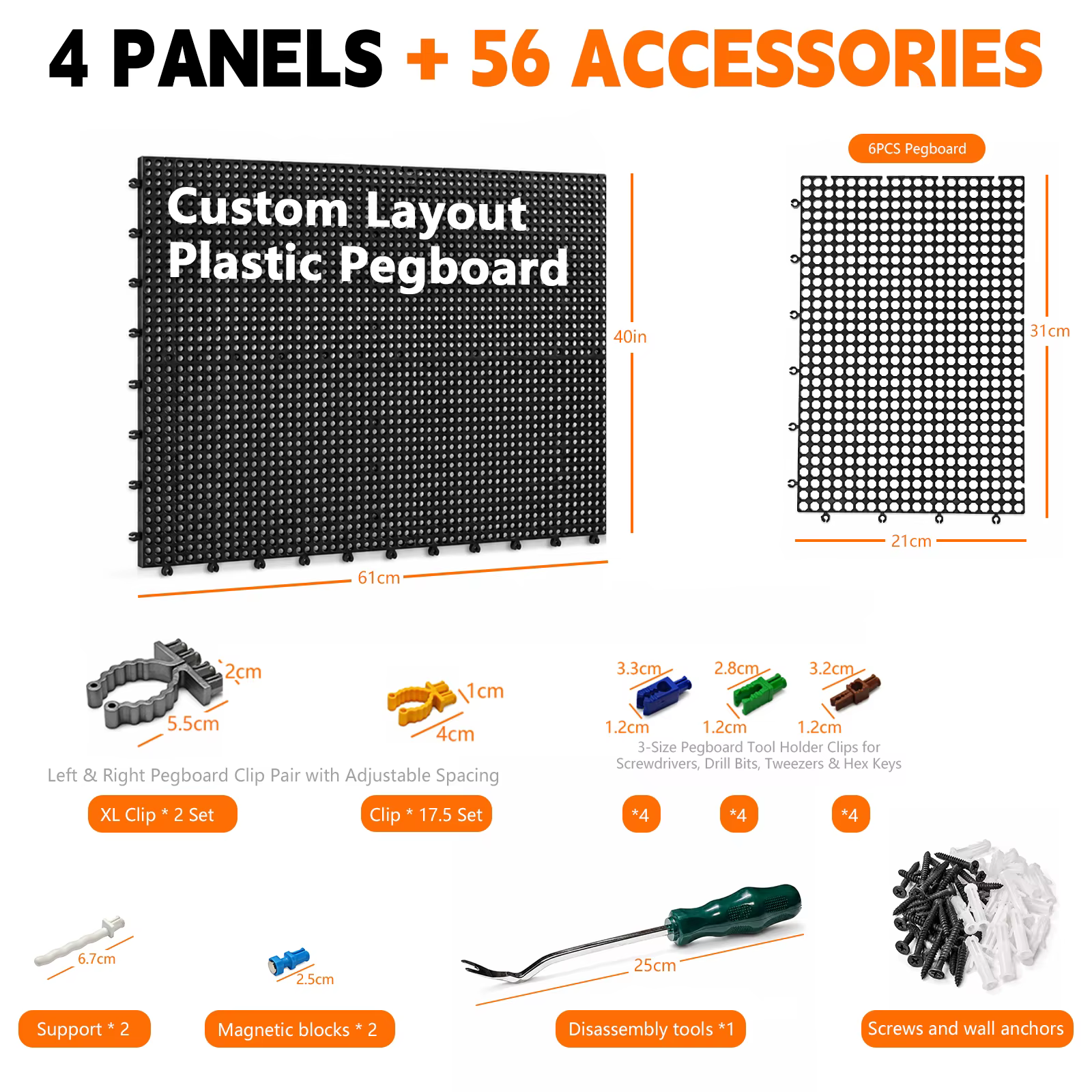 Kit d'organisation murale en plastique, 4 panneaux noirs 61 x 40 cm, 56 accessoires avec crochets, pinces et supports, rangement modulaire pour outils