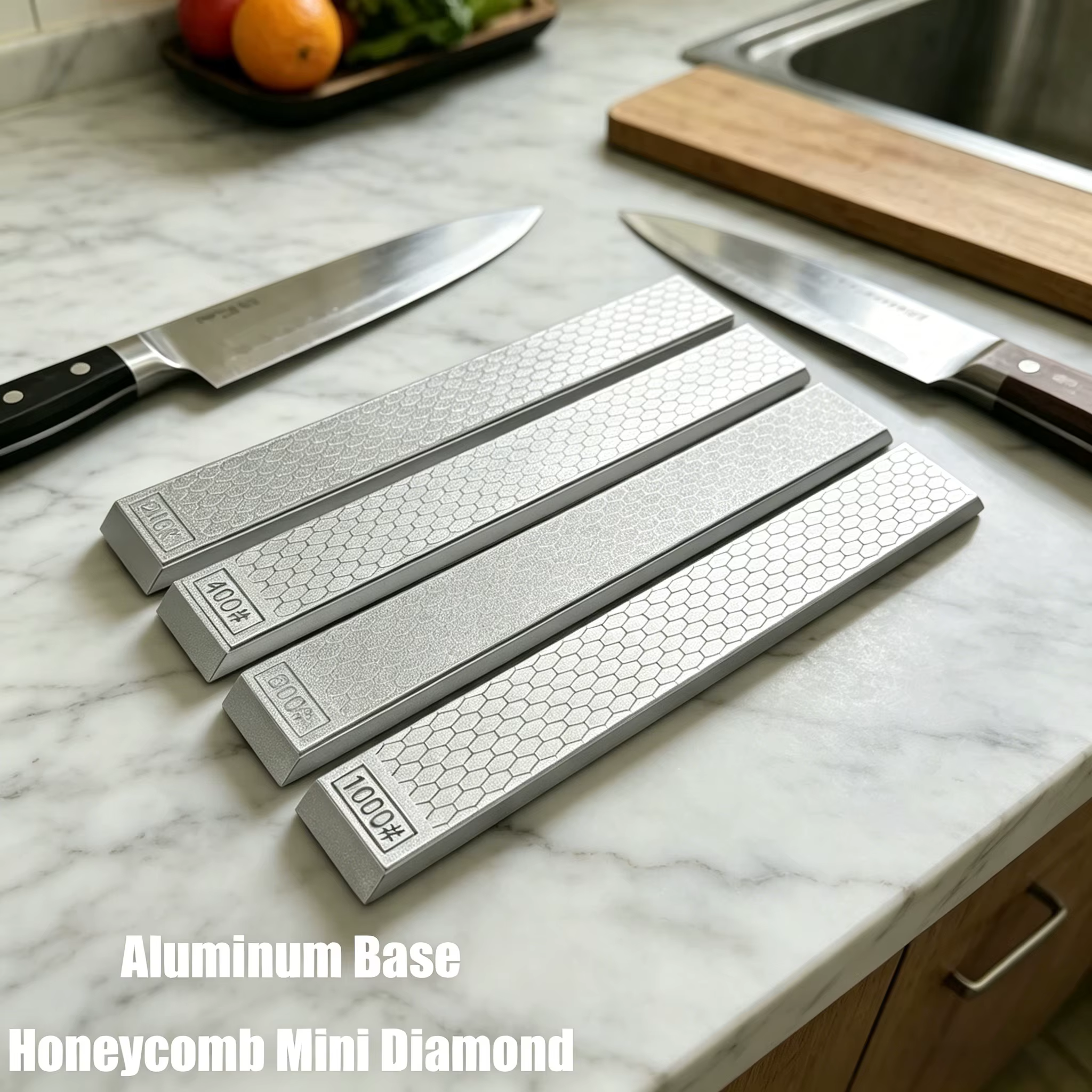 Kit d'affûtage professionnel pour couteaux de chef avec base en aluminium et pierre à aiguiser diamantée alvéolée 240/400/600/1000