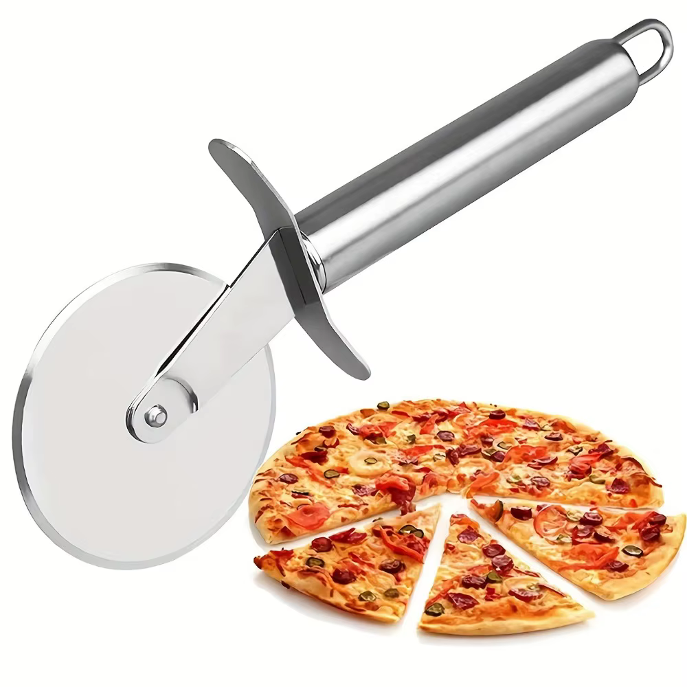 Lot de 5 outils de cuisine en acier inoxydable : roulette à pizza, spatule à gâteau de lune, spatule à gaufres, coupe-pâte à biscuits, coupe-pâte manuel pour pizza