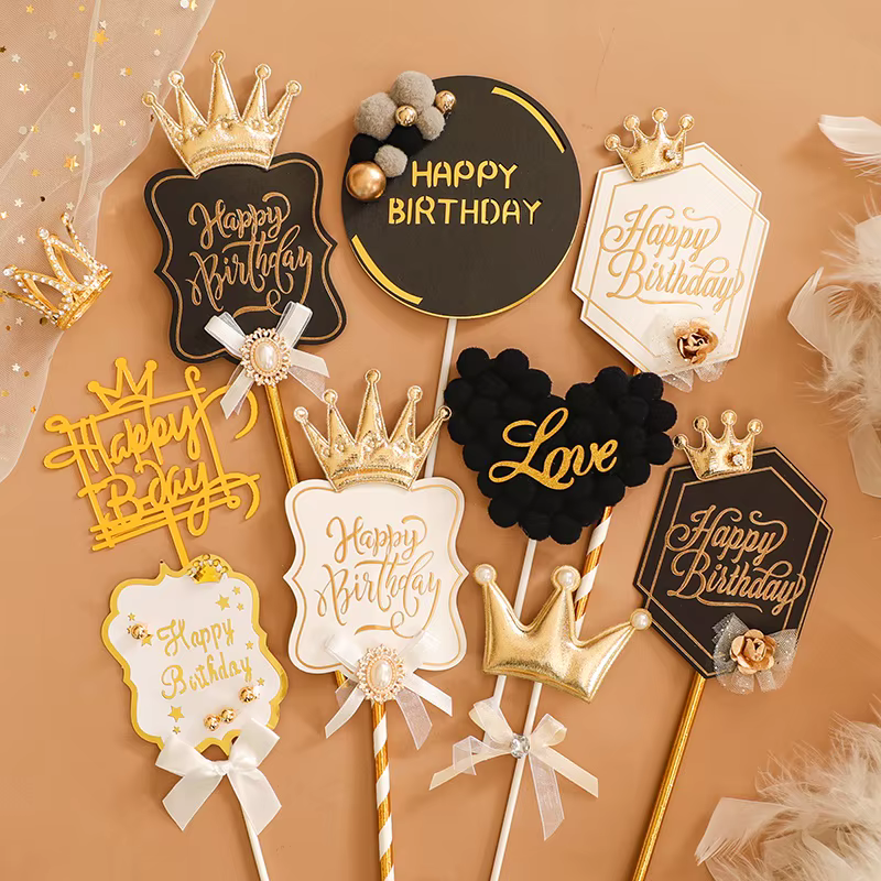Décoration de gâteau Joyeux Anniversaire style Couronne Royale Noir et Blanc pour Fête