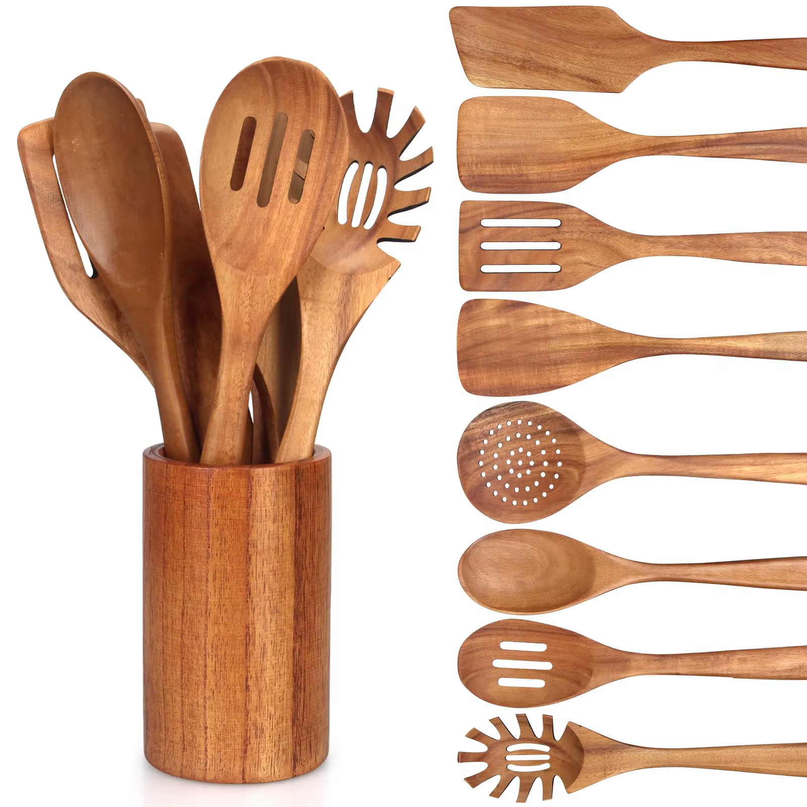 Lot de 6/10 cuillères en bois pour la cuisine – Ensemble d'ustensiles en teck naturel