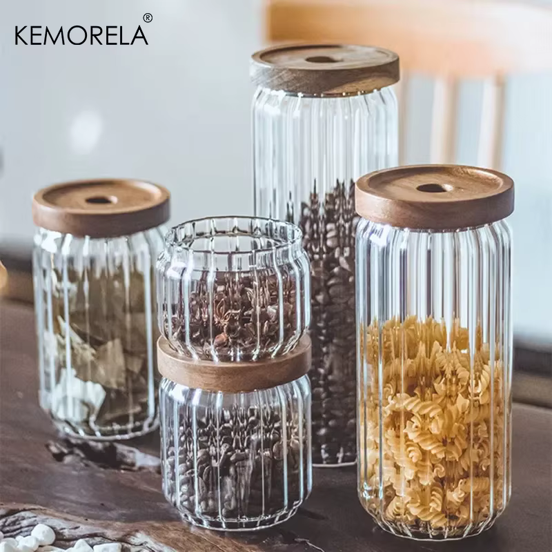 Pot de stockage en verre avec couvercle en bois d'acacia