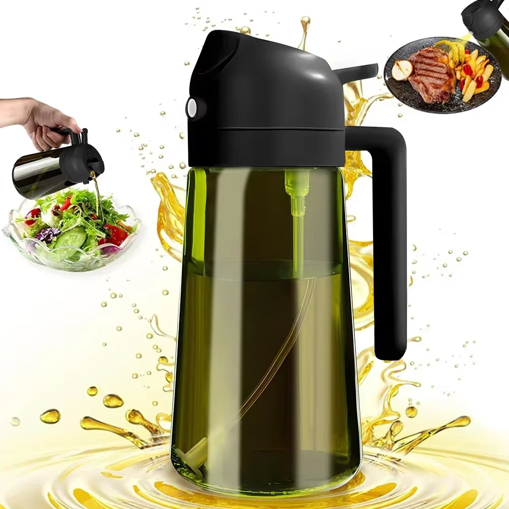 Pulvérisateur d'huile foncée 2 en 1, 470ML/16oz, bloquant la lumière, pour la cuisson, bouteille distributrice d'huile d'olive pour la cuisine, bouteille d'huile en verre vert foncé