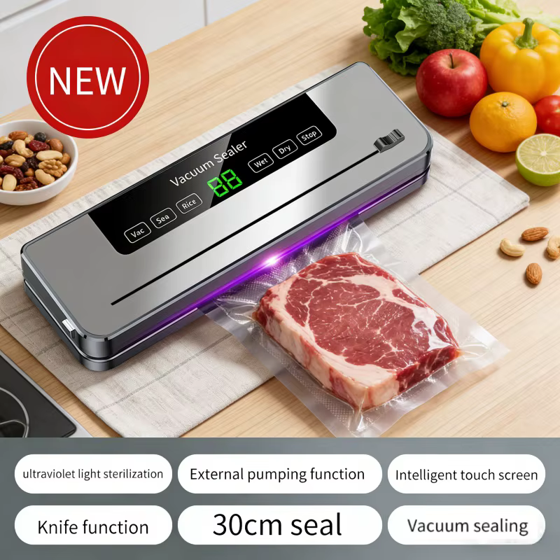 Machine de mise sous vide alimentaire pour aliments secs et humides avec coupeur intégré et UV