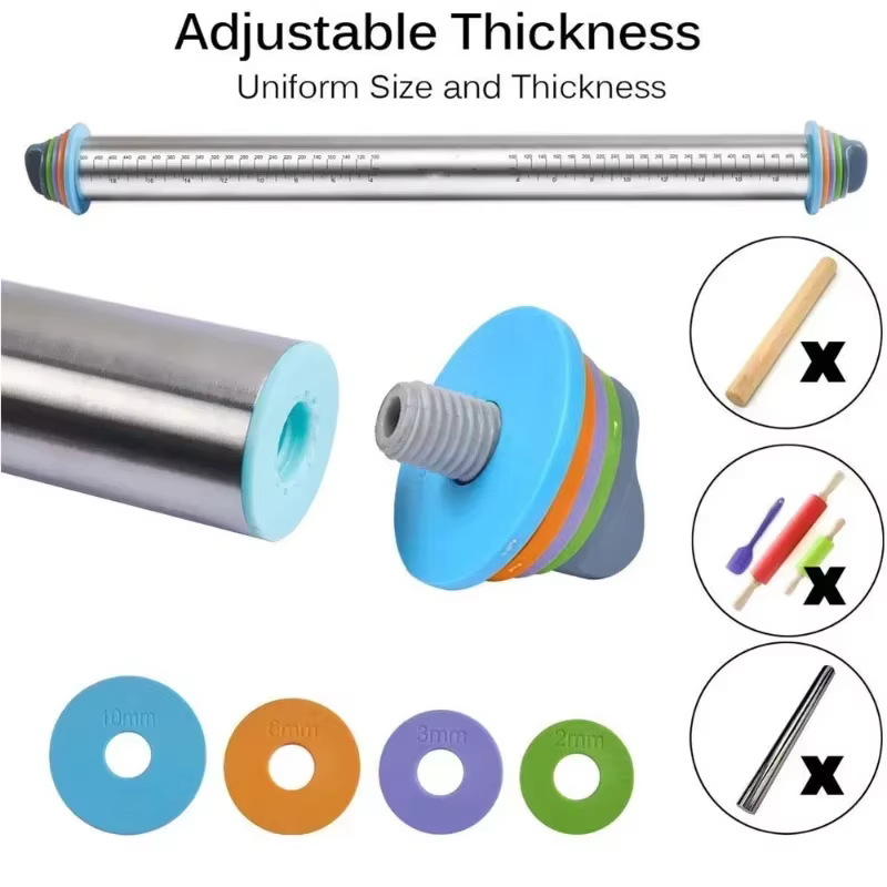 Outil de roulement de cuisine, outils de cuisson, anneaux d'épaisseur réglables, rouleau de pâtisserie pour gâteau Fondant, rouleau à pâtisserie en plastique Silicone