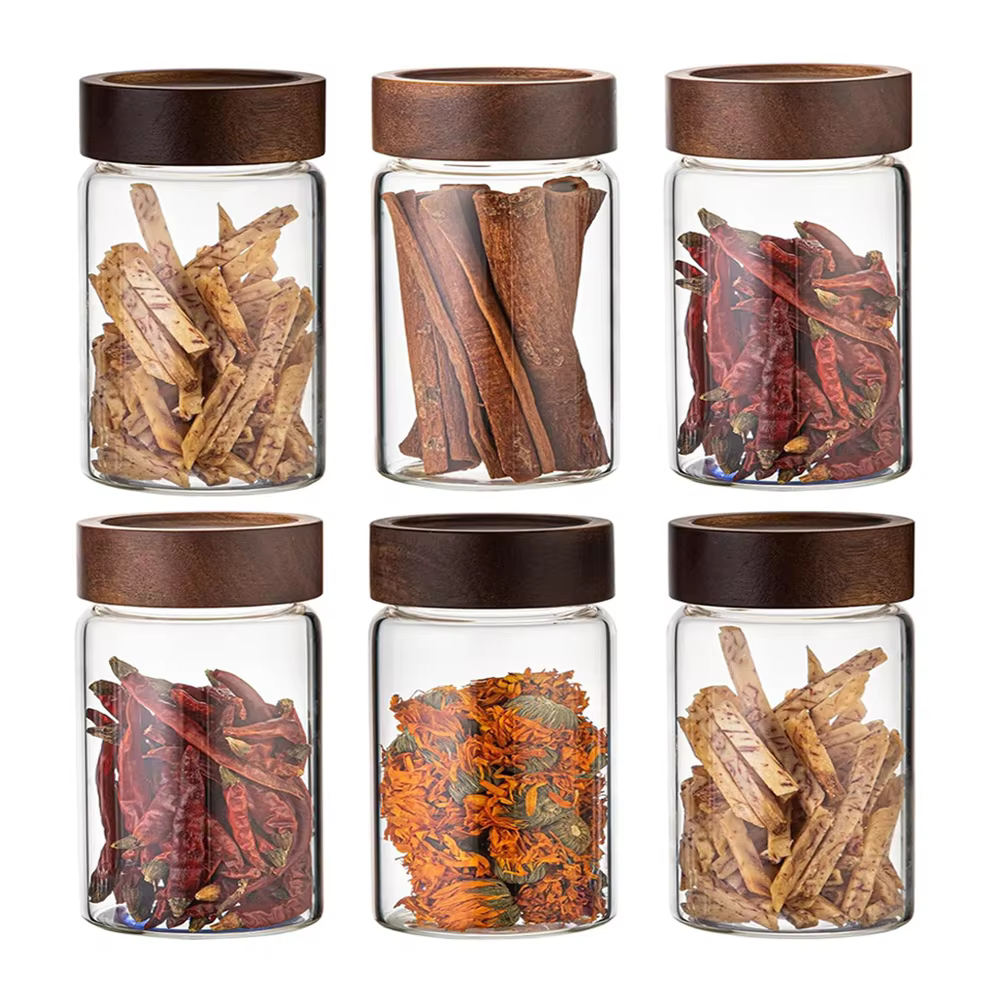 Bocaux de stockage des aliments en verre avec couvercles hermétiques en bois d'acacia à vis