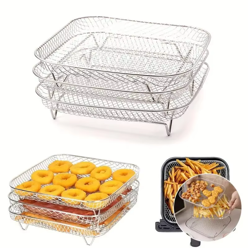 Ensemble d'accessoires pour friteuse à air en acier inoxydable 3 pièces - Grille carrée pour frites et grillades pour