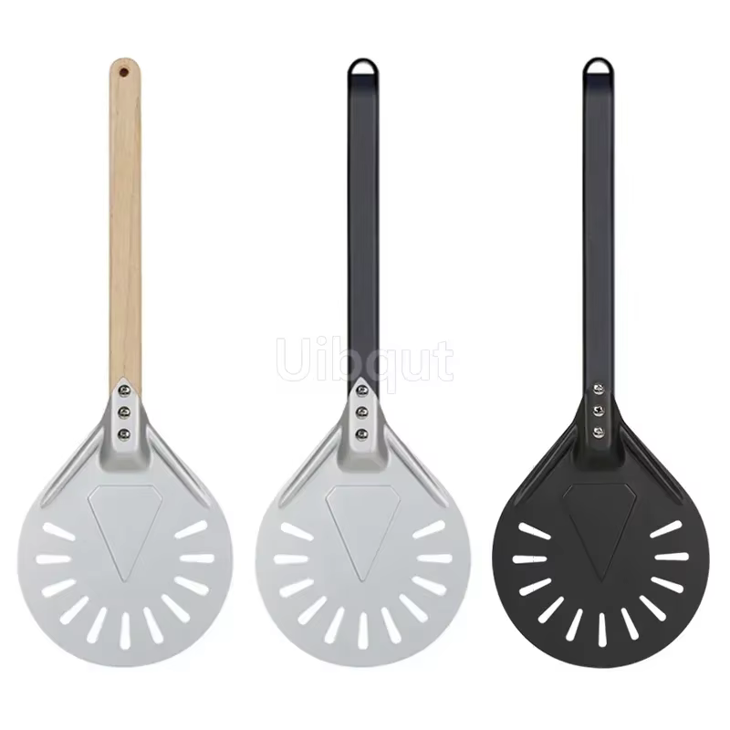 Petite palette à Pizza tournante, outil rond court, manche en bois antidérapant, pelle à Pizza perforée en aluminium de 7 8 9 pouces