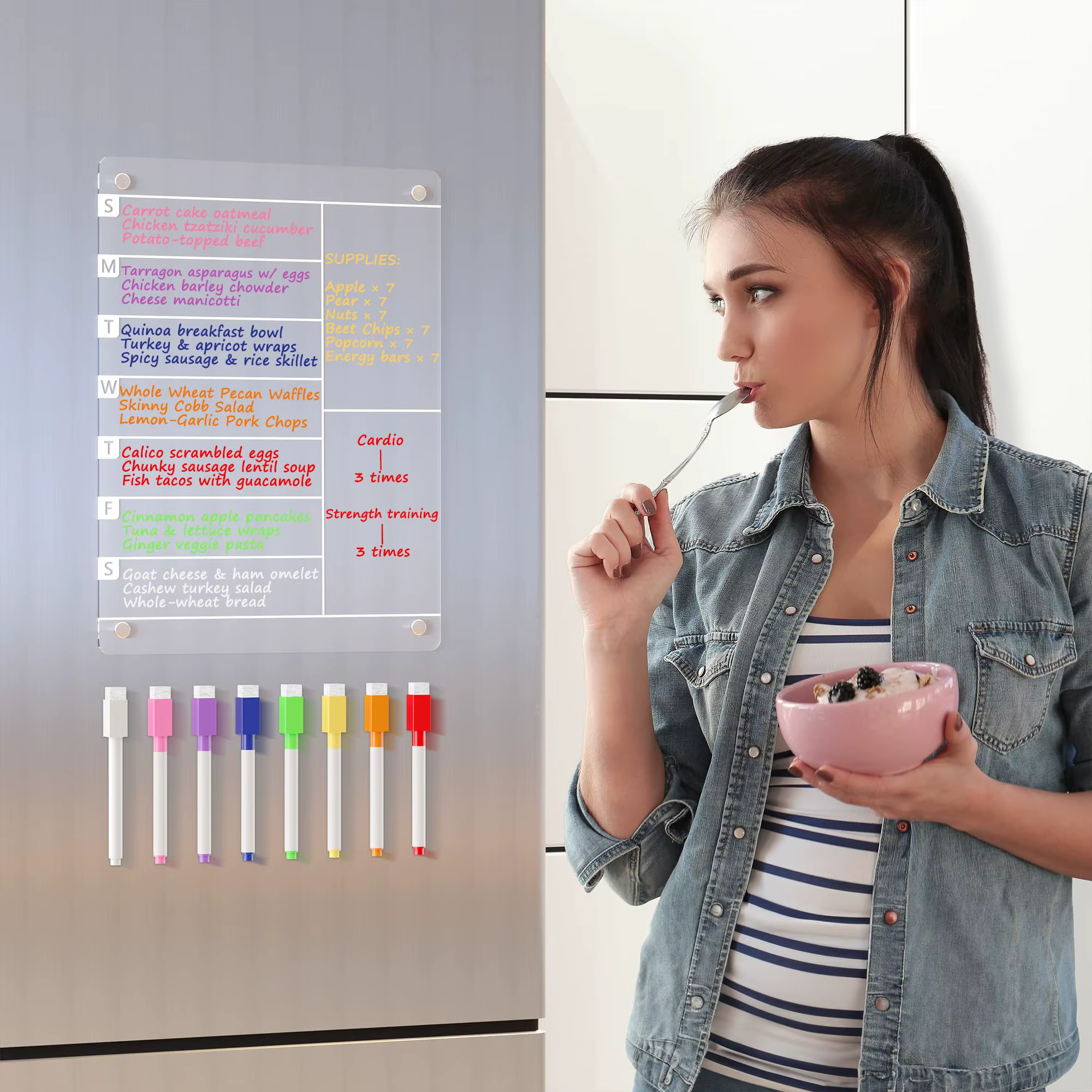 Tableau de menu magnétique de planificateur de repas en acrylique pour réfrigérateur de cuisine avec 8 marqueurs