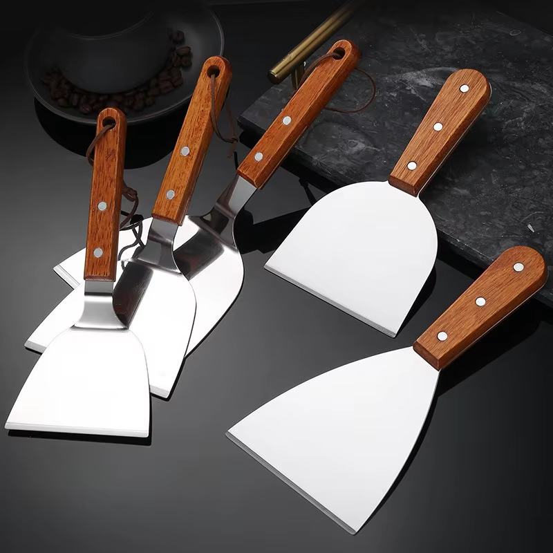 Spatule de cuisson avec manche en bois en acier inoxydable