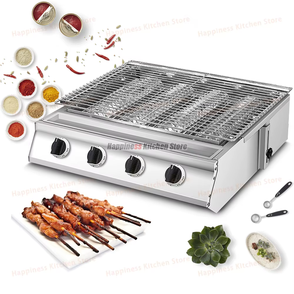 Grill de Barbecue à 4 Brûleurs en Acier Inoxydable avec Couvercle