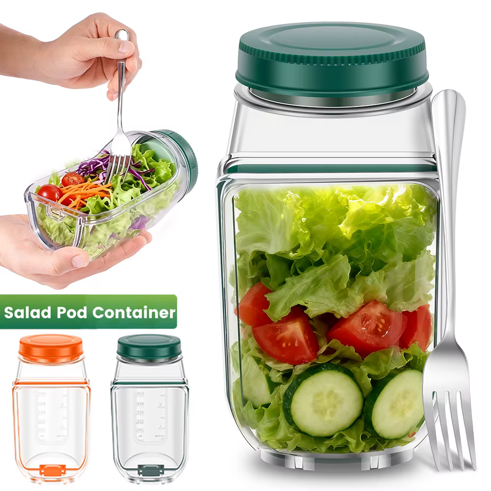 Bocaux à salade en plastique avec couvercle à ouverture latérale et fourchette en acier inoxydable – Contenant vertical pour légumes et fruits