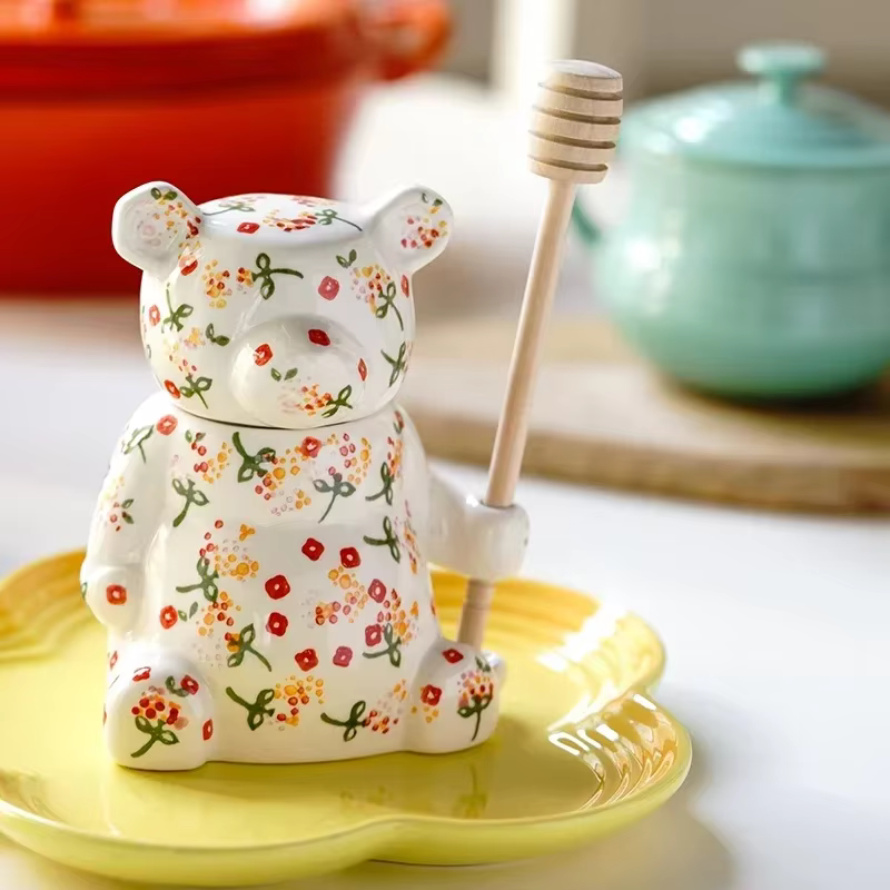 Pot à miel ours mignon en céramique avec couvercle