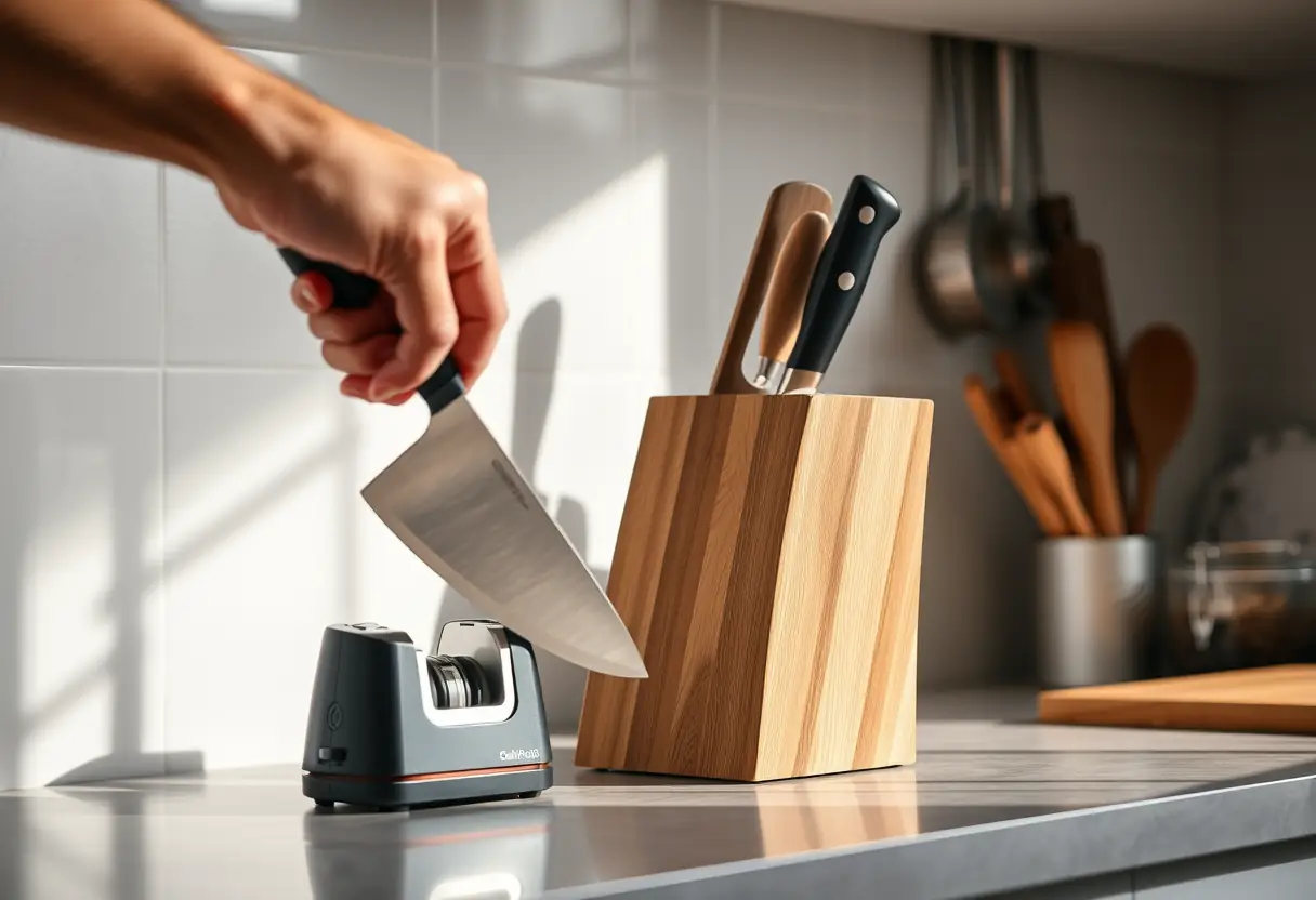 Une main saisit un couteau près d'un aiguiseur électrique dans une cuisine bien éclairée