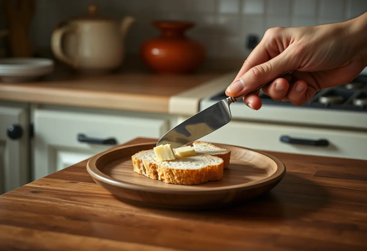 Une main applique du beurre sur du pain avec un petit couteau courbe dans une cuisine vintage