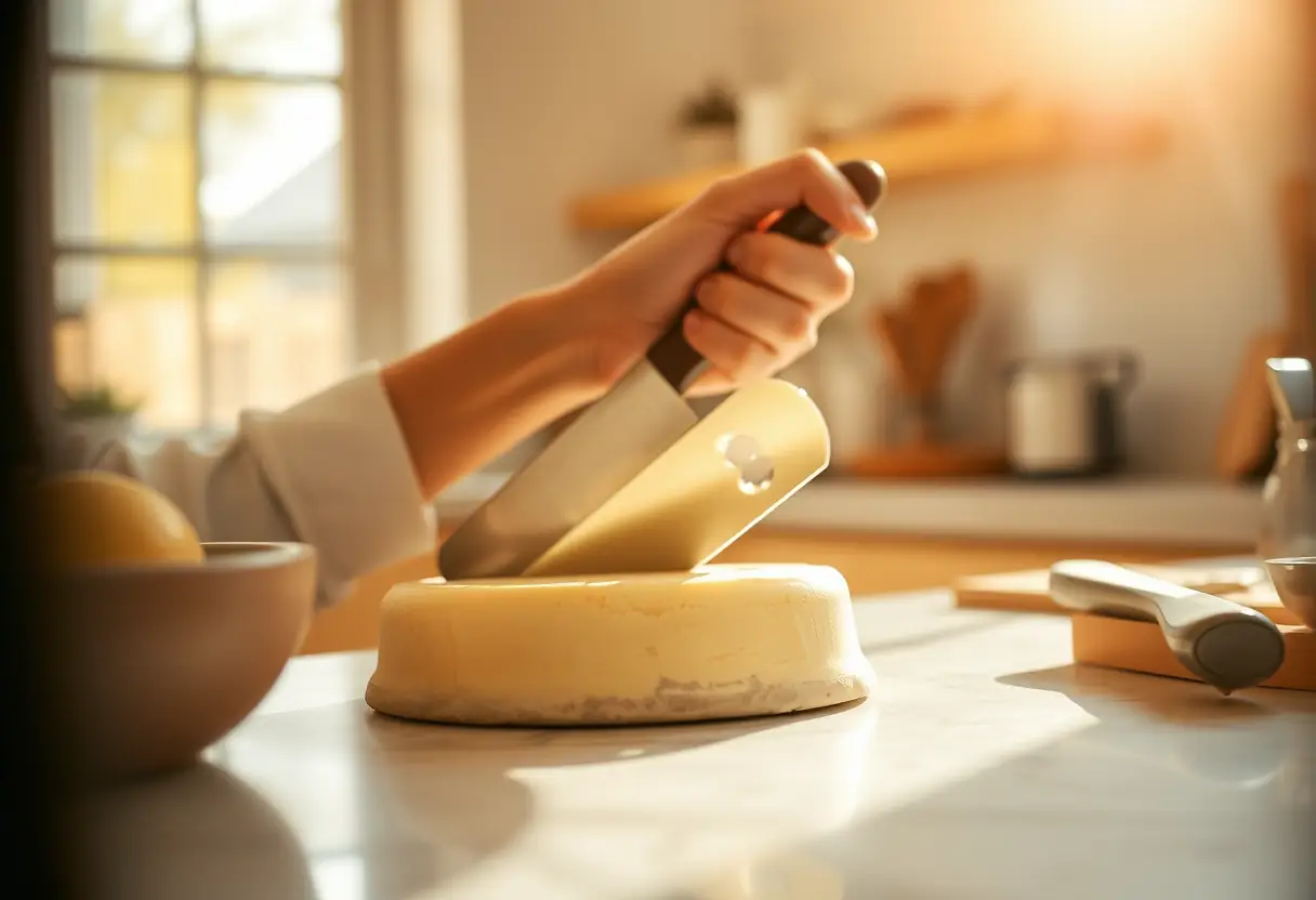Une main tenant un couteau à fromage en train de couper du fromage