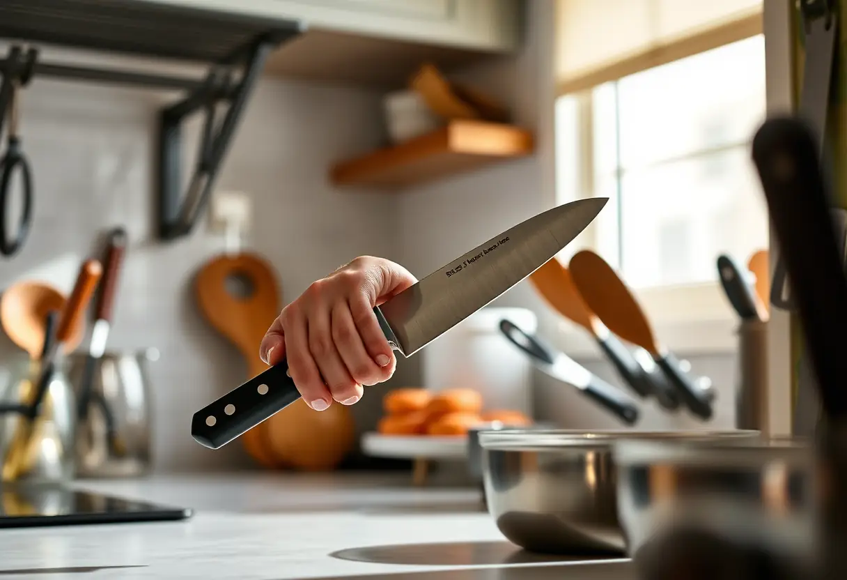 Dans une cuisine bien éclairée, une main vérifie la tranchante d'un couteau, entourée d'ustensiles de cuisine soigneusement disposés