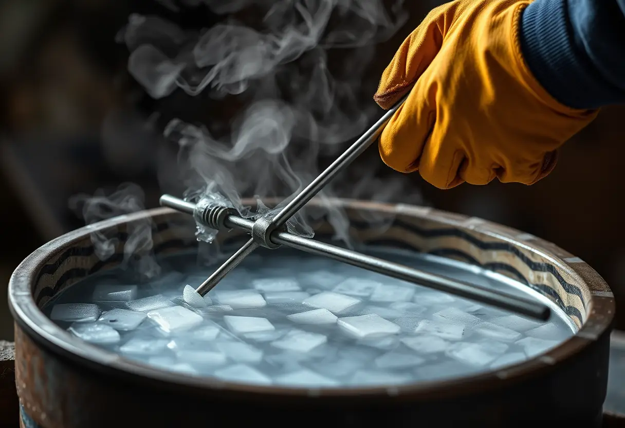 Une main gantée nettoyant un couteau huitre dans une bassine fumante
