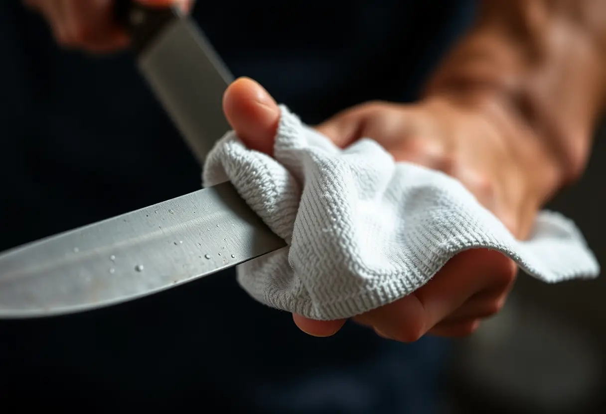Une main essuie un couteau kotai après utilisation pour le garder propre