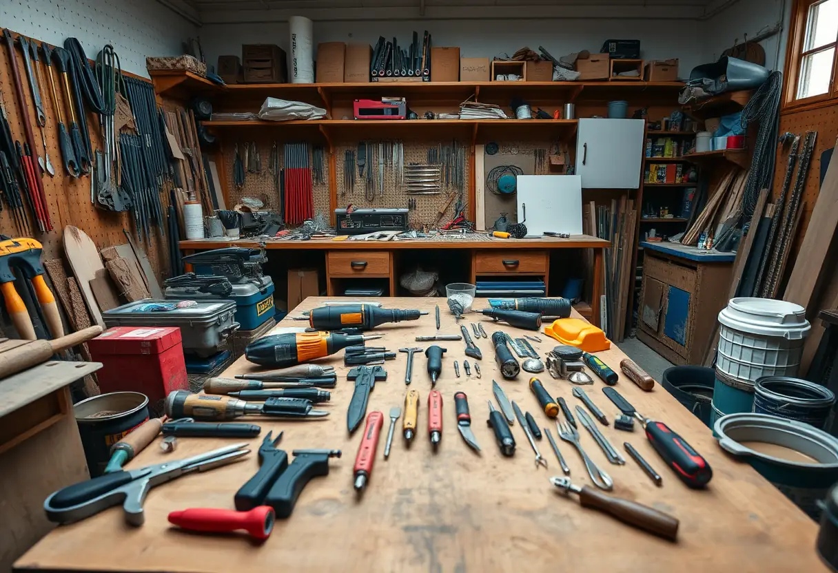 Atelier rempli d'outils, y compris divers couteaux multifonction