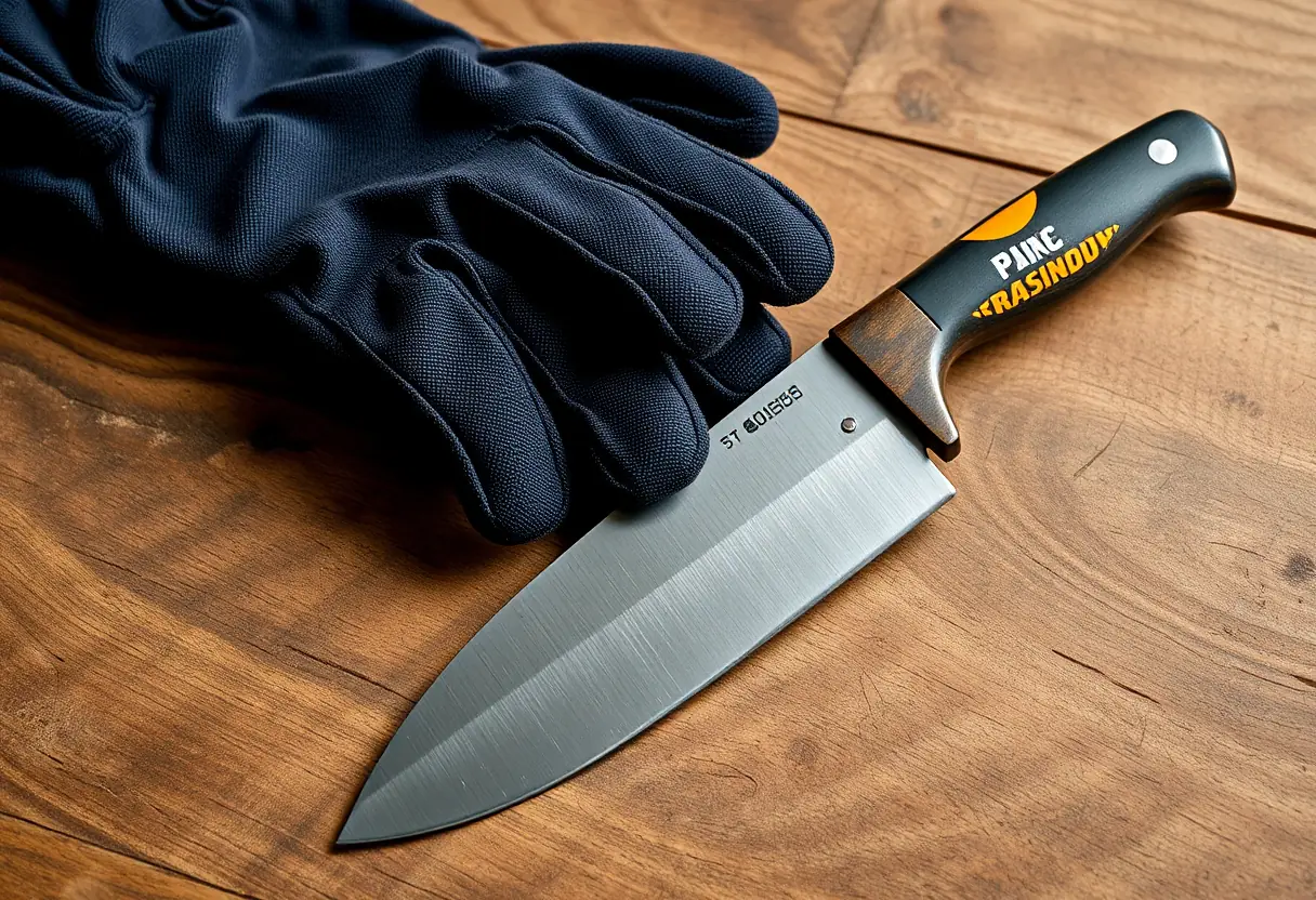 Des gants de travail posés à côté d'un couteau robuste sur une table en bois