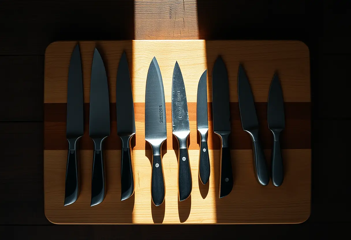 Des couteaux à huître sur un plan de travail en bois