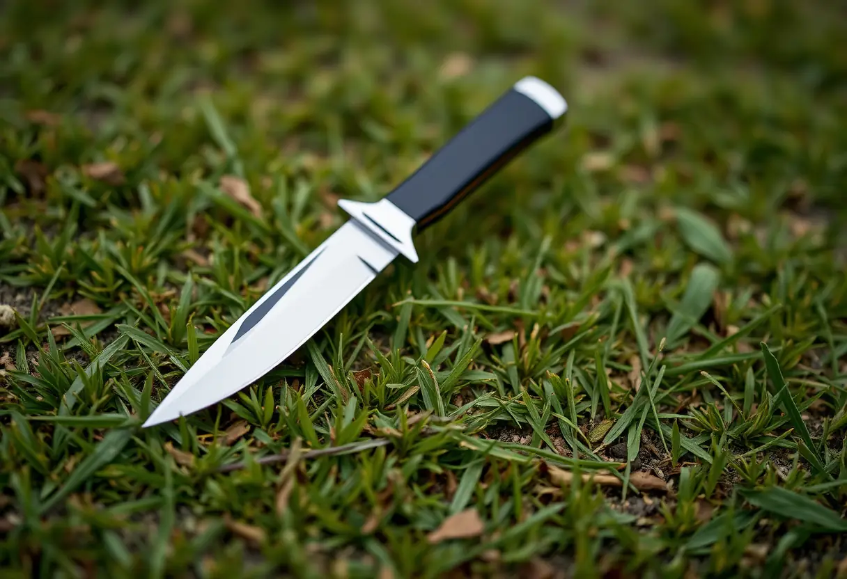 Un couteau de lancer à lame fine sur un champ herbeux