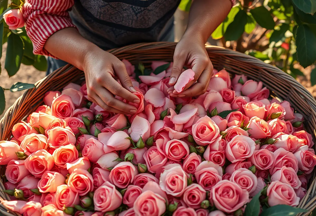 Des mains d'un ouvrier cueillant délicatement les pétales de roses de Damas le matin
