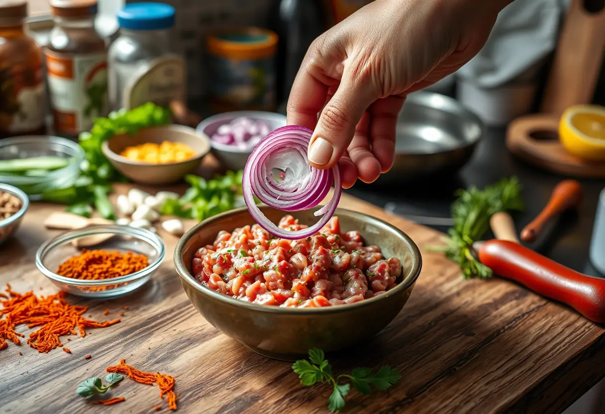 Oignon rouge ajouté au tartare pour ajouter de la croquant