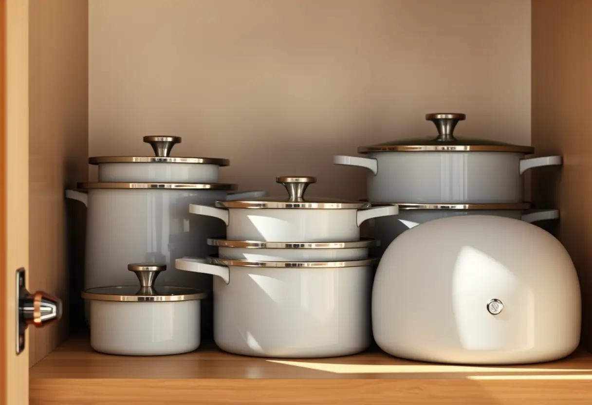 Des casseroles empilables rangées dans un coin de placard de cuisine